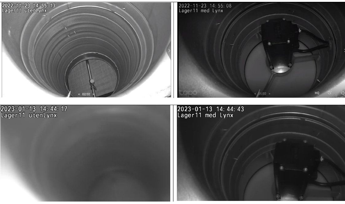 Four camera frames inside kitchen ventilation ducts. The left column shows the duct without a Lynx separator, the right column the duct with one, recorded 23 November 2022 and 13 January 2023.